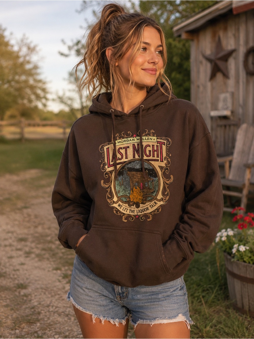 Morgan Wallen “Last Night” Brown Graphic Hoodie Sweatshirt Pullover Size XL